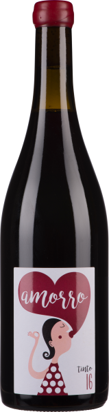 Dunkle Weinflasche mit rotem Verschluss und verspieltem Etikettendesign.