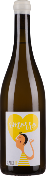 Braune Weinflasche mit gelbem Herz-Label und weißem Verschluss.