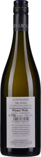 Grüne Weinflasche mit weißem Etikett und schwarzem Schraubverschluss.