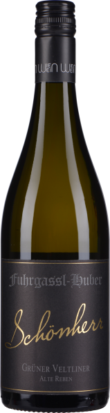 Grünliche Weinflasche mit schwarzem Etikett und goldener Schrift.