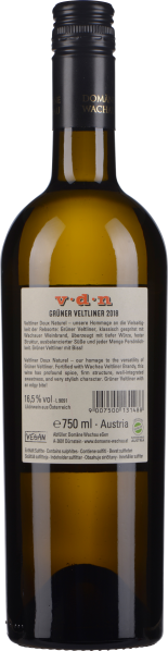 Braune Flasche mit schwarzem Etikett und Textbeschreibung, schlanker Flaschenhals.