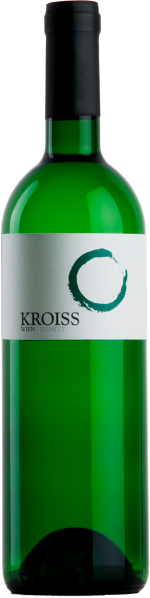 Grüne Weinflasche mit minimalistischem Etikett und schwarzem Verschluss.