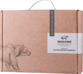 Braune Kartonverpackung mit Bärenzeichnung und eleganter Gin-Etikette.