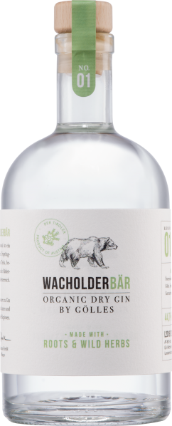 Klarer Glasflasche mit grünem Etikett und Holzverschluss, illustriert mit Bärenmotiv.