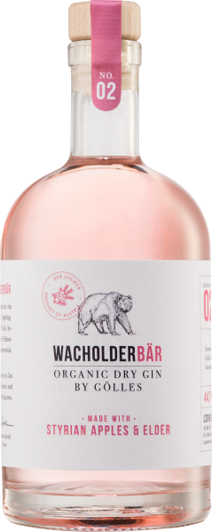 Rosafarbene Ginflasche mit minimalistischer Bärengrafik und modernem Etikettendesign.