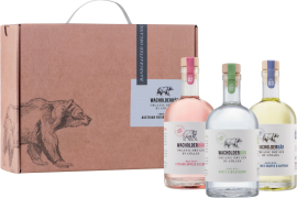 Set aus drei Gin-Flaschen in verschiedenen Farben, mit dekorativer Verpackung und Bärenmotiv.