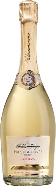 Goldene Sektflasche mit elegantem Etikett und geschwungener Form.