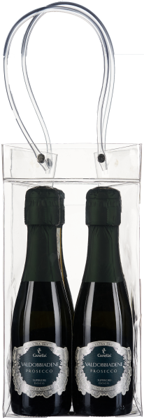 Zwei Prosecco-Flaschen in transparenter Tragetasche mit Kunststoffgriffen.