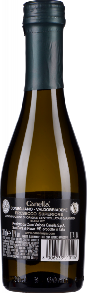 Kleine Prosecco-Flasche mit dunkelgrüner Kapsel und schwarzem Etikett.