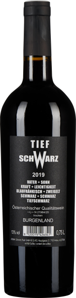 Schwarze Weinflasche mit modernem Etikett in weißem Text.