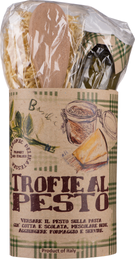 Kochset mit Pasta, Pesto und Holzlöffel, rustikale, italienisch inspirierte Verpackung.