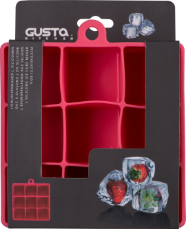 Rote Silikon-Eiswürfelform mit quadratischen Fächern und schwarzer Verpackung.