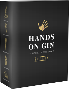 Schwarze Verpackung mit goldener Hand und botanischen Illustrationen seitlich.