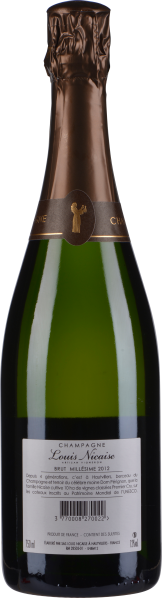 Champagnerflasche mit goldenem Hals und Etikett auf der Rückseite.