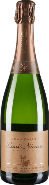 Grüne Champagnerflasche mit goldener Folie und elegantem beigen Etikett.