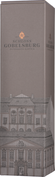 Graue Weinverpackung mit eleganter Illustration eines Gebäudes.