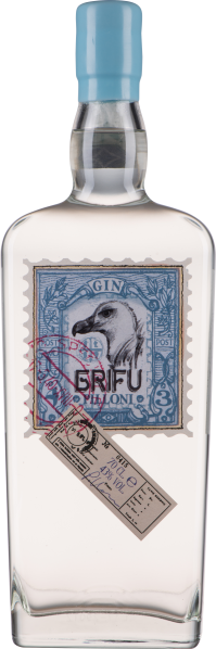 Klarer Gin in rechteckiger Flasche, blauer Verschluss, dekoratives Etikett mit Vogelmotiv.