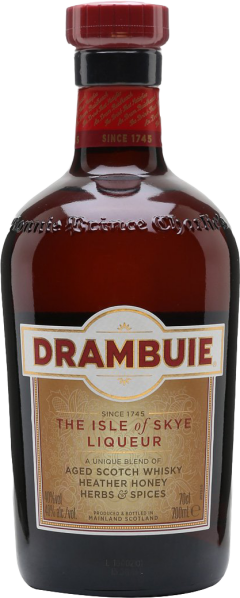 Braune Flasche mit rotem Verschluss und dekorativem Etikett.