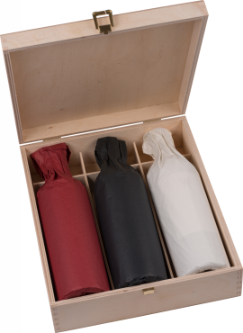 Drei Flaschen in rotem, schwarzem und weißem Papier in Holzkiste.