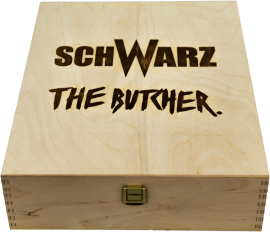 Holzkiste mit Branding, goldfarbenem Verschluss und rustikalem Design.