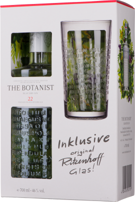 Weißer Karton mit botanischem Design, Gin-Flasche und Glas im Inneren sichtbar.