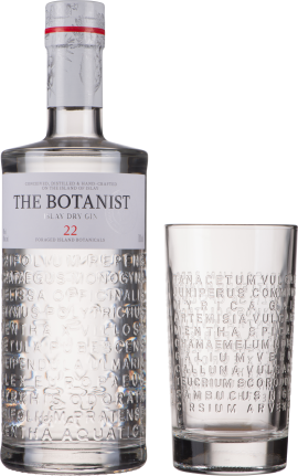 Durchsichtige Ginflasche und Glas mit eingeprägtem Pflanzenmuster, elegantes Design.