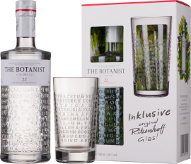 Klarer Gin mit Glas, geprägt mit botanischen Namen, weißer Kartonverpackung.