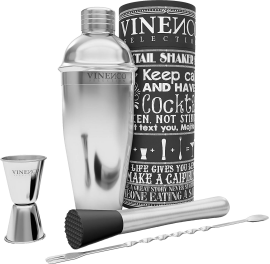 Cocktail-Set aus Edelstahl mit Shaker, Jigger, Stößel, Löffel und stilvoller Verpackung.