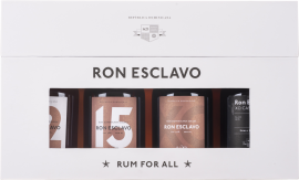 Weißes Karton-Set mit Sichtfenster, enthält drei unterschiedlich etikettierte Flaschen Rum.