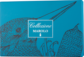 Blaue Verpackung mit detaillierter Zeichnung eines Vogels.