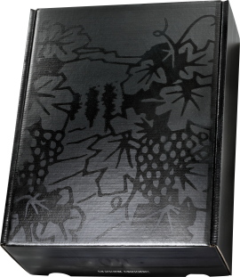 Schwarze Schachtel mit glänzendem Weinblatt- und Traubendesign.