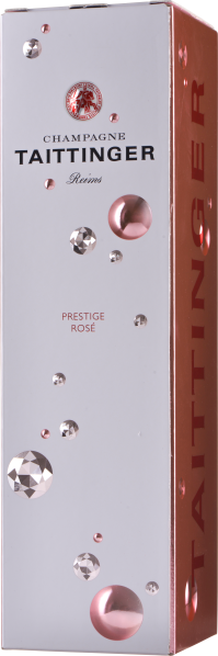 Rosé Champagnerbox mit glänzenden Rosen- und Diamantgrafiken auf weißem Hintergrund.