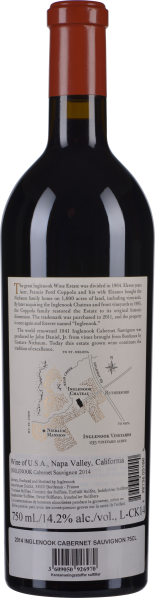 Flasche mit braun-rotem Kapselverschluss und detailliertem Etikett auf der Rückseite.