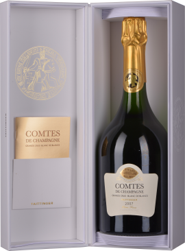 Champagnerflasche mit goldener Kapsel in weißer Geschenkverpackung.