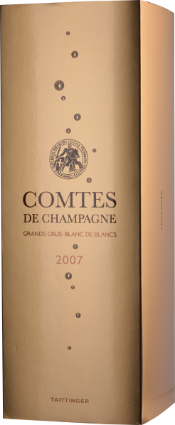 Goldene Verpackung mit eleganten, dunklen Schriftzügen und dezentem Blasendesign.