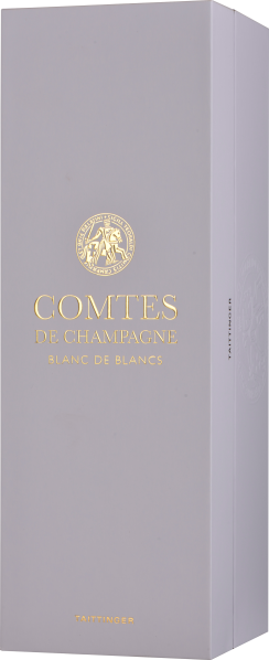 Elegante, hellgraue Weinschachtel mit goldener Prägung und Wappen.