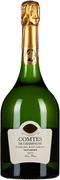 Grüne Champagnerflasche mit goldener Kapsel und weißem Etikett.