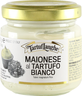 Glas mit weißer Trüffel-Mayonnaise, goldener Deckel und detailliertes Etikett.