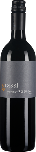 Dunkle Weinflasche mit modernem grauem Etikett und schwarzem Schraubverschluss.