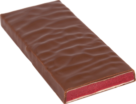 Rechteckige Schokoladentafel mit roter, gewellter Füllung.