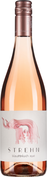 Roséwein in klarer Flasche, mit rosa Kapsel, stilvollem Etikettendesign.