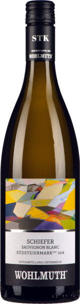 Braune Weinflasche mit bunter, abstrakter Etikettenkunst und schwarzem Schraubverschluss.