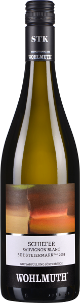 Grüne Weinflasche mit modernem Etikett und schwarzem Schraubverschluss.