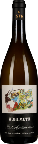 Braune Weinflasche mit elegantem schwarzem Etikett, künstlerisches Design in lebendigen Farben oben, goldene Details auf dem Flaschenhals.