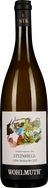 Weinflasche mit künstlerischem Etikett und schwarzem Verschluss, stilvoll gestaltet.