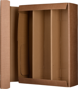 Kartonverpackung mit geöffnetem Deckel und Unterteilungen, braun mit leichter Textur.