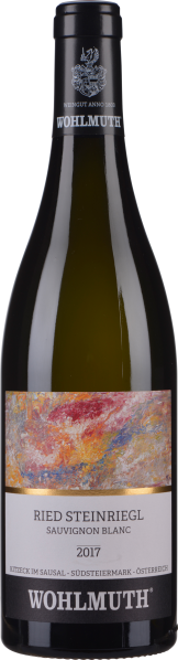 Grüne Weinflasche mit künstlerischem Etikett in lebhaften Farben.