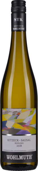 Grüne Weinflasche mit modernem, buntem Etikett und schwarzem Schraubverschluss.