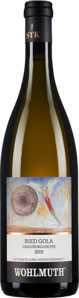 Flasche mit elegantem Etikett, künstlerisches Design, schwungvolle Farben.