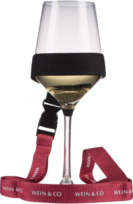 Weinglas mit schwarzem Halter und rotem Neckholder-Band.